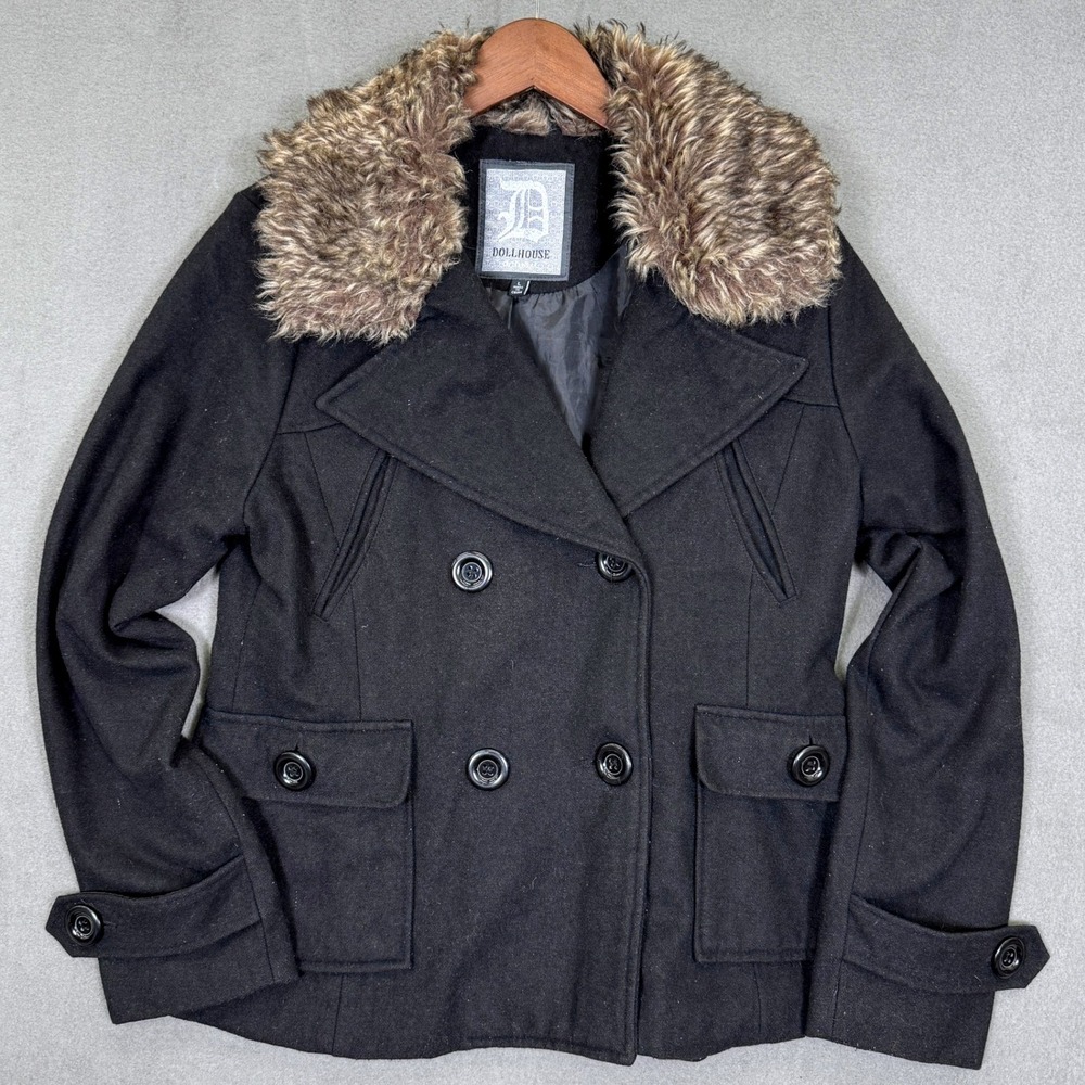 Dollhouse Peacoat Women L Black Faux Fur Collar Double Breasted Wool Blend Warm